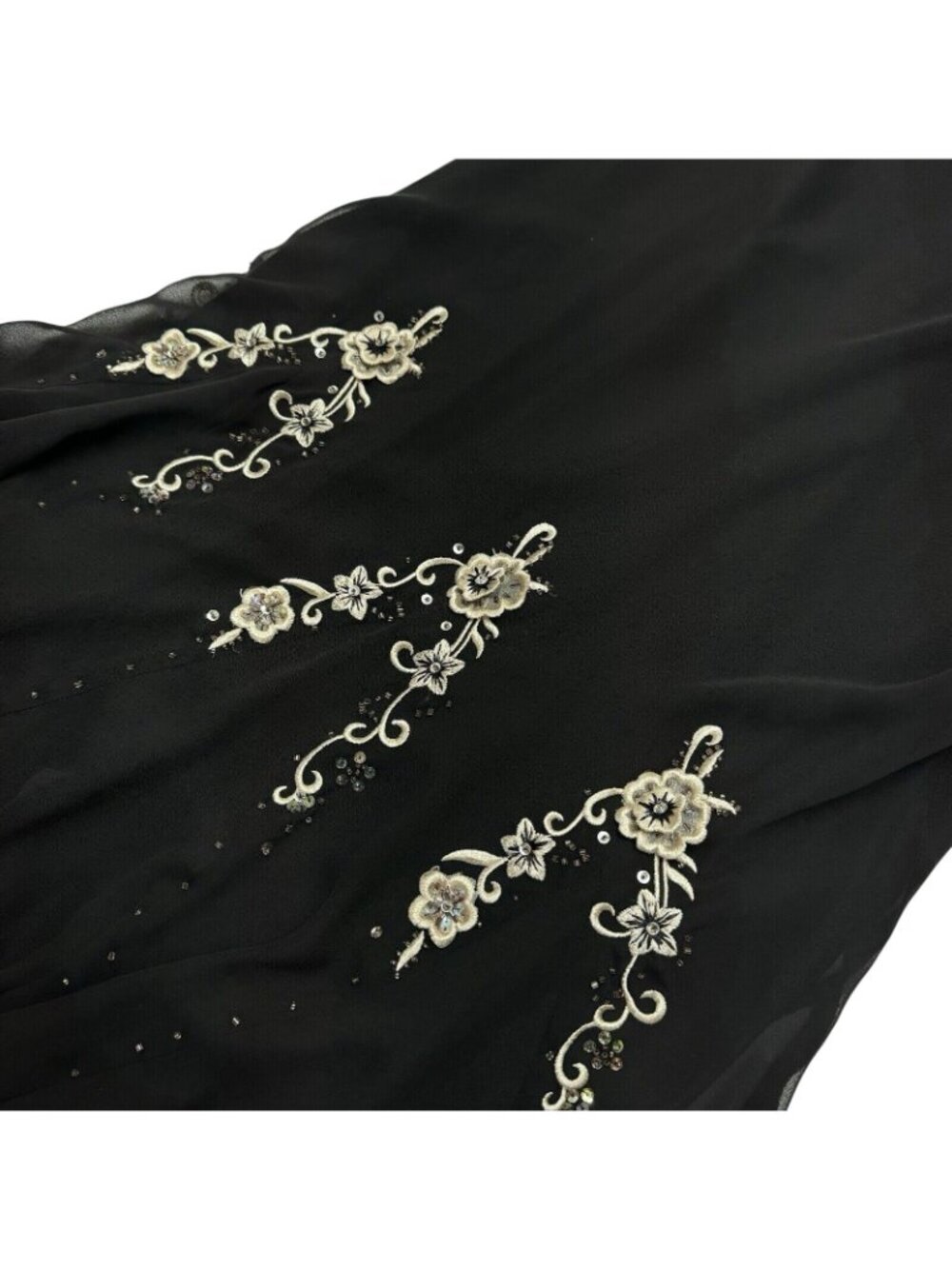 Vintage Y2K Midi Dress Black Tan Beaded Floral Whimsy Goth Fairy Asymmetrical - Picture 8 of 11